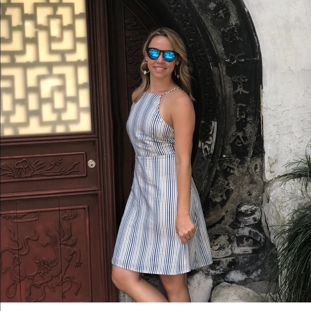 Blue stripe cotton-linen dress